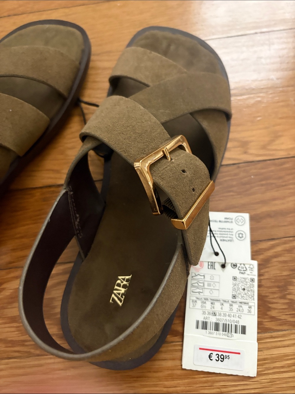 ZARA Olive Suede Crisscross Gold Buckle Sandals 37 NWT - Picture 4 of 5